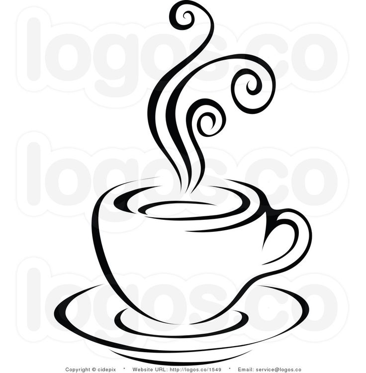 Stylized black-and-white illustration of a steaming coffee cup on a saucer with elegant swirls of steam rising upward.