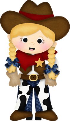 Cartoon girl in cowboy hat, red shirt with star, cow-print pants, and blue bows.