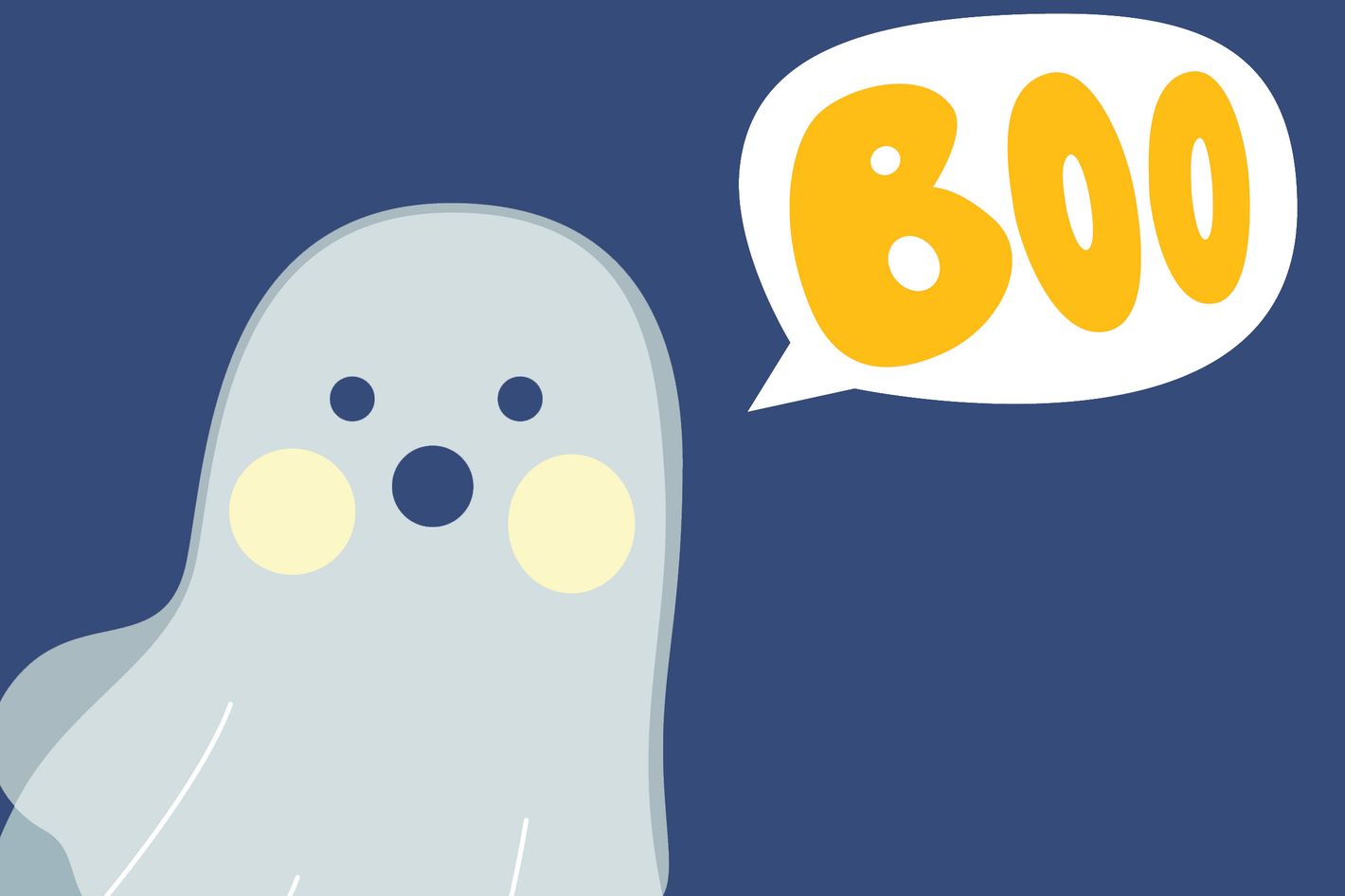A cute cartoon ghost with wide eyes and blushing cheeks says "BOO" in a yellow speech bubble against a navy blue background.