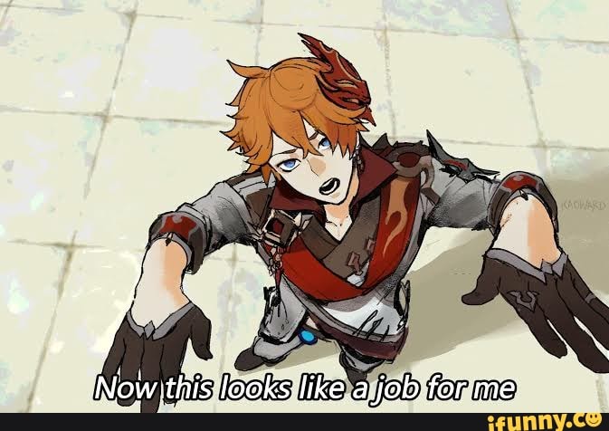 Animated orange-haired character in red-and-gray armor lunging forward with determined expression, captioned "Now this looks like a job for me".