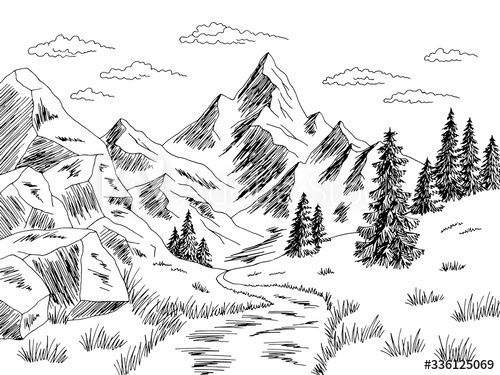 Black-and-white line drawing of a mountain landscape with pine trees, rocky peaks, a winding stream, and clouds.