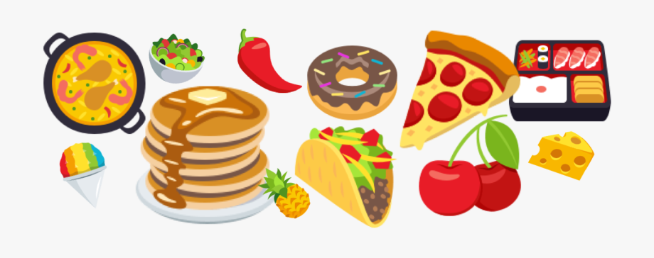 Colorful illustration of diverse global foods including pancakes, pizza, taco, donut, curry, sushi, cherries, cheese, and chili pepper.