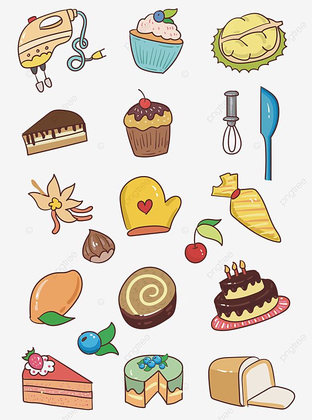 Collection of colorful baking and dessert illustrations including cakes, cupcakes, tools, fruits, and ingredients.