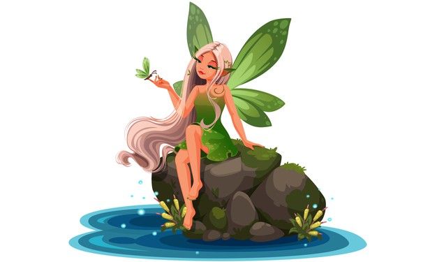 A green-winged fairy with long blonde hair sits on a mossy rock by water, holding a leaf and a tiny butterfly.