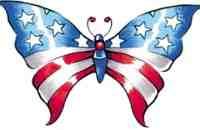 Patriotic butterfly with wings patterned like the American flag-stars and stripes in red, white, and blue.