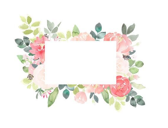 Watercolor floral frame with pink roses, soft greens, and white center space for text or photo.