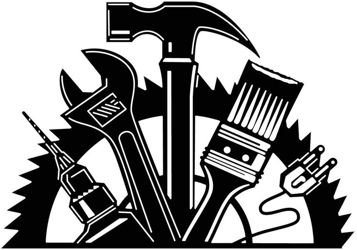 Black-and-white stylized illustration of a hammer, wrench, paintbrush, power drill, and electrical plug arranged in a fan shape.
