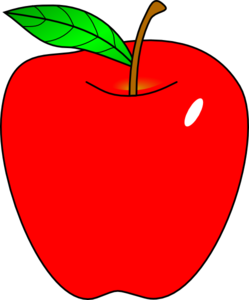 Bright red cartoon apple with a green leaf and brown stem, glossy highlight on side.