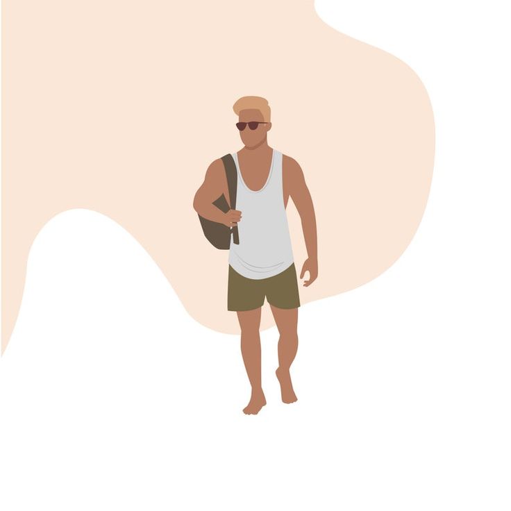 Man in white tank top, olive shorts, sunglasses, and shoulder bag walking barefoot against abstract beige background.