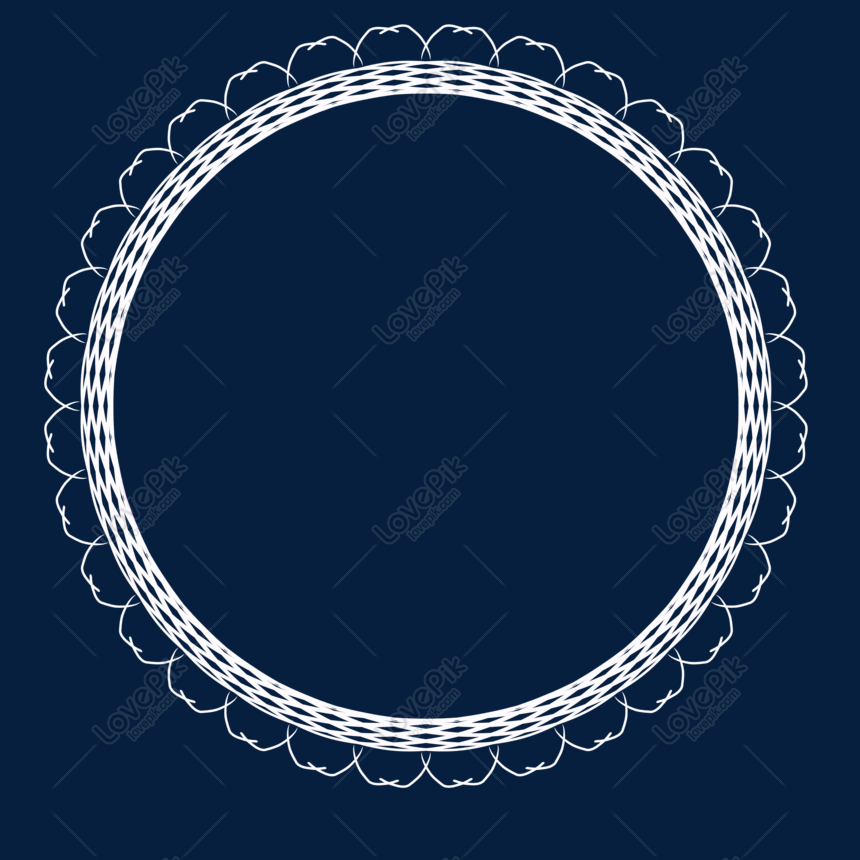 White ornate circular frame with scalloped lace-like border on navy blue background.
