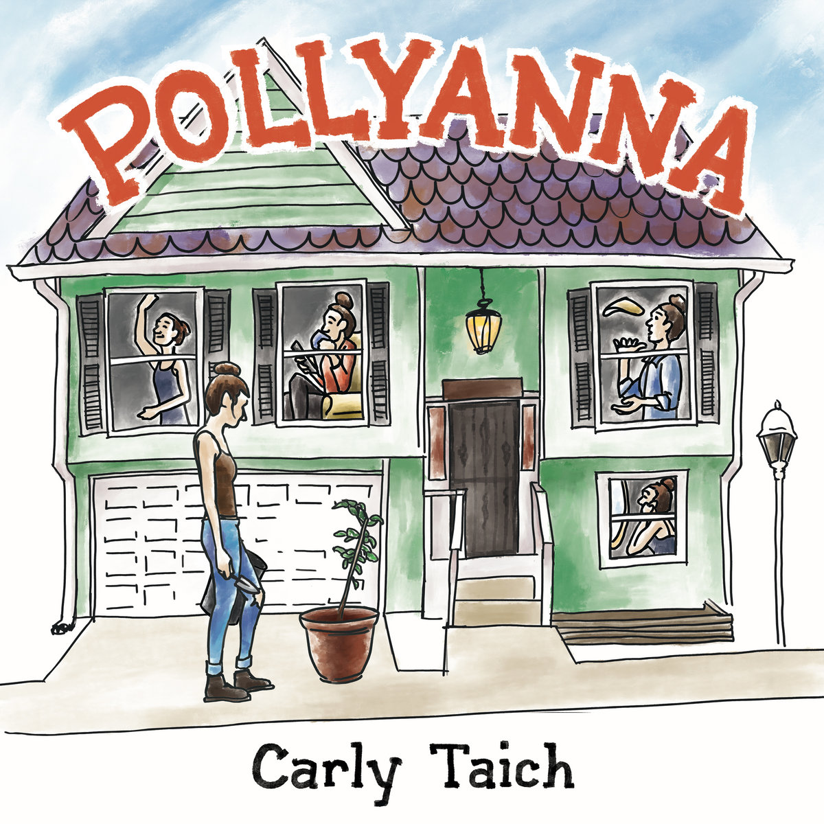 Illustration of a green house with "POLLYANNA" in bold red letters above; a woman stands outside while four others look out windows.