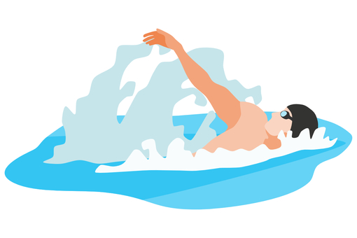 Swimmer performing freestyle stroke with arm extended, wearing cap and goggles in blue water splash.
