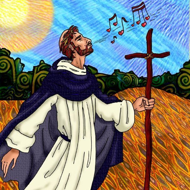 A bearded man in monastic robes holds a wooden cross, singing with musical notes and hearts rising toward a radiant sun.