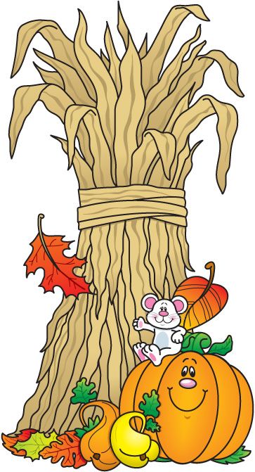 Cheerful cartoon mouse sitting beside a smiling pumpkin and cornstalk bundle with autumn leaves.