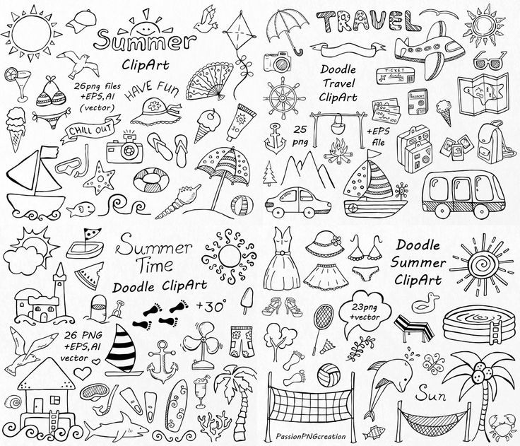 Hand-drawn summer and travel doodle clipart collection including suns, beaches, boats, planes, ice cream, and vacation icons.