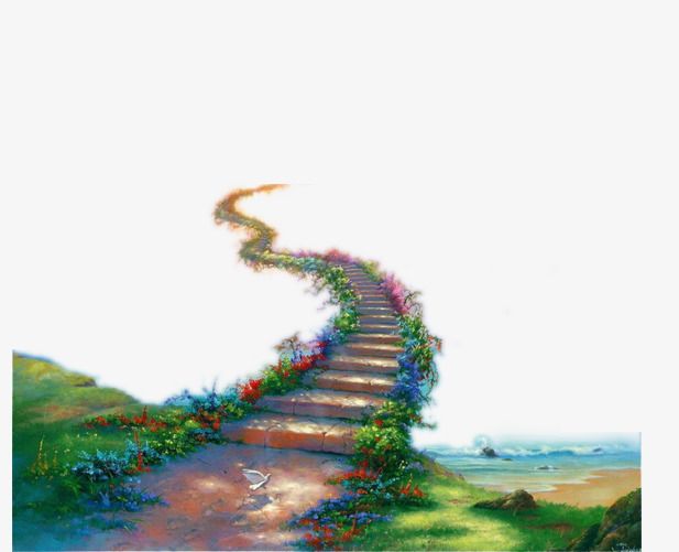 A winding stone staircase adorned with colorful flowers ascends from a coastal meadow into a bright, ethereal sky.