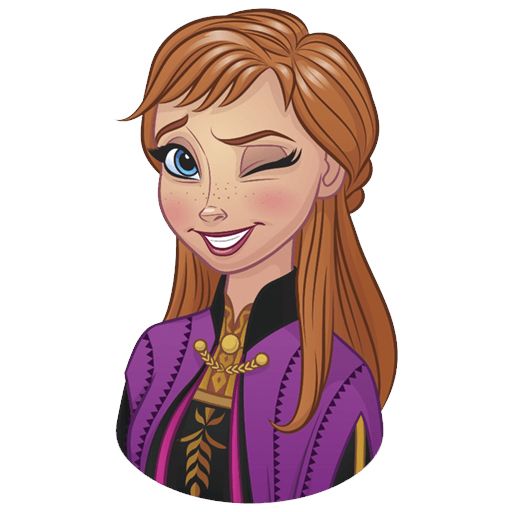 Anna from Frozen winking, wearing a purple and black royal outfit with gold embroidery.