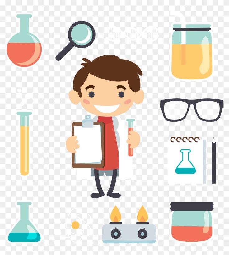 Cartoon scientist boy holding clipboard and test tube, surrounded by lab equipment like beakers, magnifying glass, Bunsen burner, and glasses.