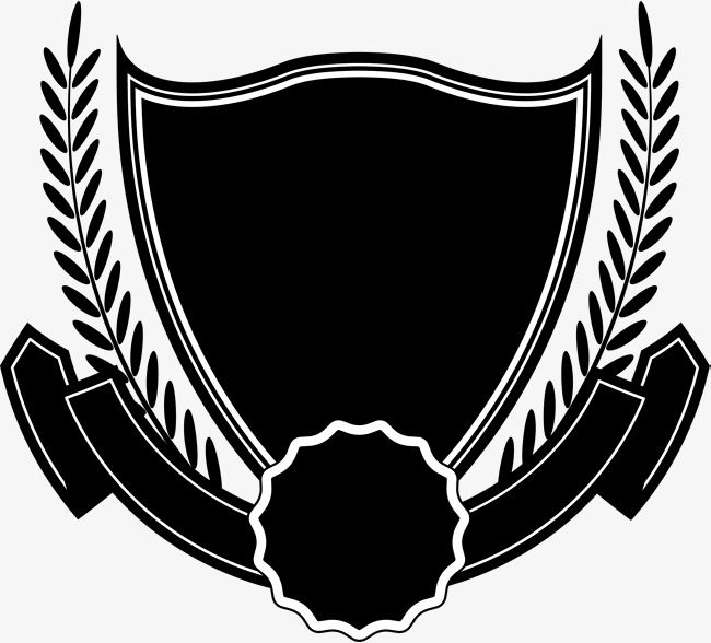 Black heraldic shield flanked by laurel branches and a ribbon banner, with a central seal placeholder.
