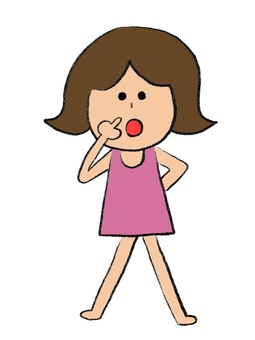 Cartoon girl with brown hair and pink dress, finger on nose, surprised expression.