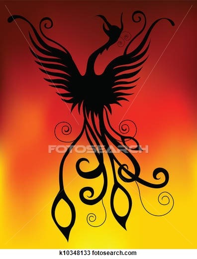 Stylized black phoenix silhouette with ornate swirls against fiery red-to-yellow gradient background.