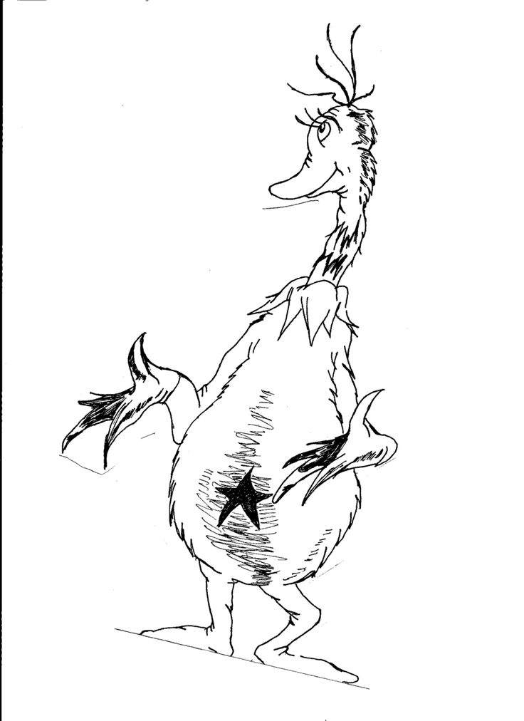 A whimsical Dr. Seuss-style bird with a star on its belly, standing upright with expressive eyes and spiky feathers.