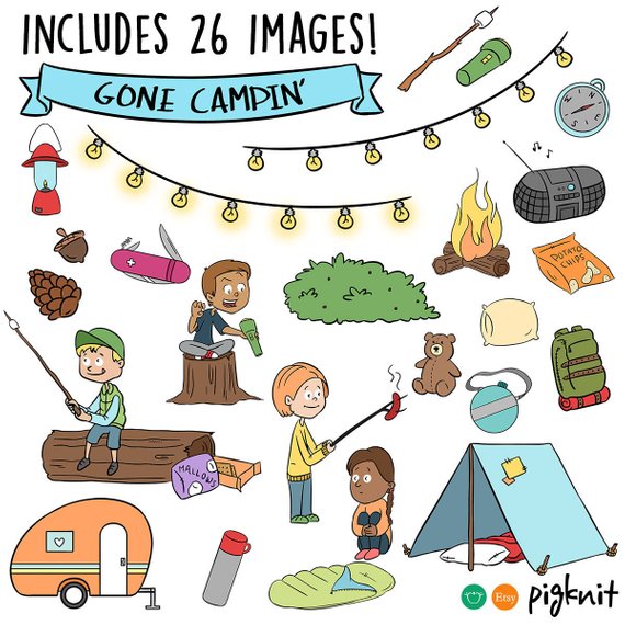 Cartoon camping clipart set with 26 items including tent, campfire, kids, lantern, backpack, sleeping bag, and string lights.