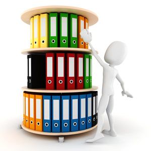 White 3D figure organizing colorful binders on a three-tier rotating shelf.