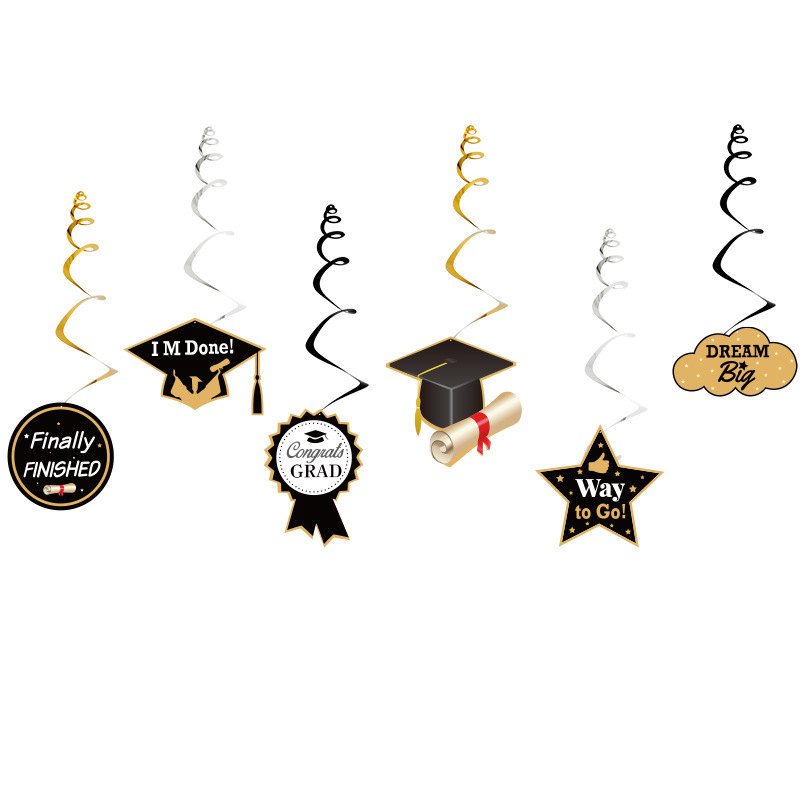 Graduation celebration swirl decorations with caps, diplomas, and motivational phrases in black, gold, and silver.