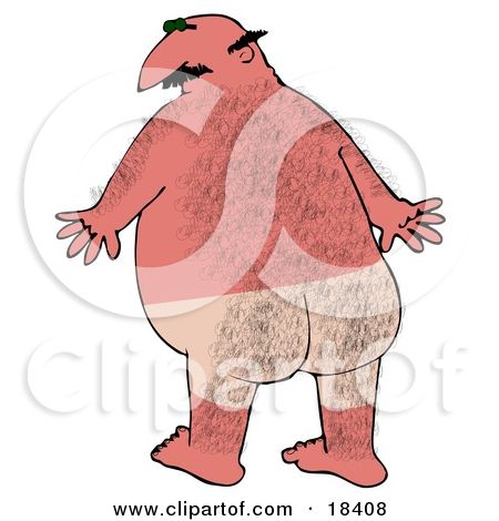 Cartoon of a large, hairy man with mustache and green hat, viewed from behind, wearing minimal clothing.