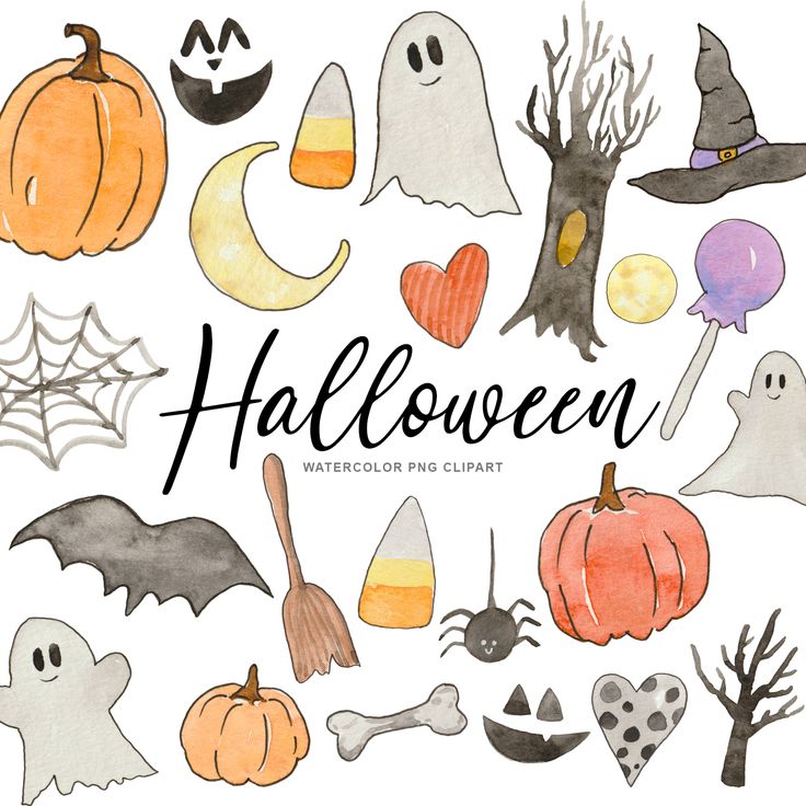 Watercolor Halloween clipart set featuring pumpkins, ghosts, bats, witches’ hats, candy corn, spiders, and spooky trees.