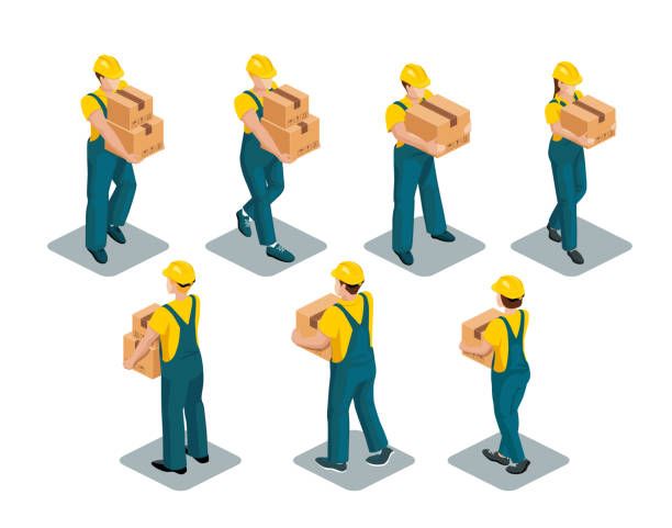 Isometric illustration of seven delivery workers in yellow helmets and blue overalls carrying cardboard boxes from different angles.