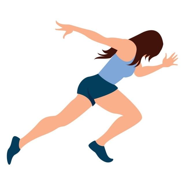 Woman sprinting in athletic wear, mid-stride with arms extended and focused posture.