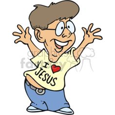 Cartoon boy with brown hair, glasses, and a yellow "I ♥ JESUS" t-shirt, arms raised joyfully.