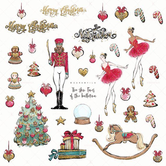 Festive Christmas and Nutcracker ballet illustration with ballerinas, soldier, tree, gingerbread, candy canes, and ornaments.