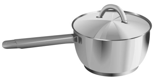 Stainless steel saucepan with glass lid and ergonomic handle, isolated on white background.
