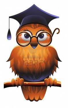 A cartoon wise owl wearing round glasses and a graduation cap, perched on a branch.