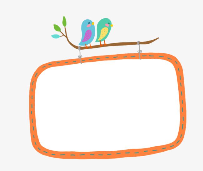 Two colorful cartoon birds perched on a branch above an orange stitched-frame border.