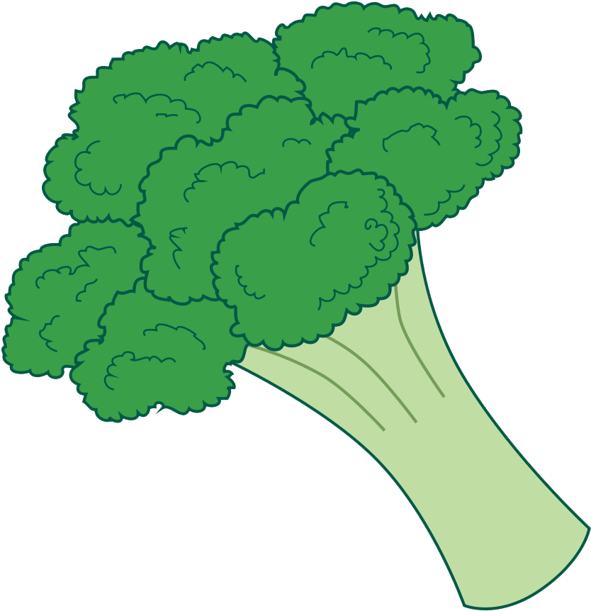 A cartoon-style illustration of a fresh green broccoli head with a thick stalk, outlined in dark green on transparent background.