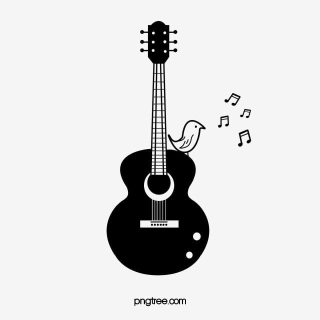 Black acoustic guitar with a small bird perched on its body, singing musical notes.