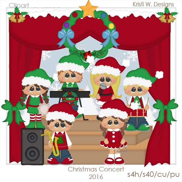 Festive Christmas concert clipart with children in elf and Santa hats performing on stage with instruments and red curtains.
