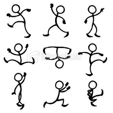 Nine hand-drawn stick figures in dynamic poses-running, jumping, dancing, and gesturing-on a white background.