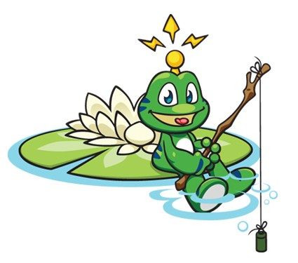 A cheerful green cartoon frog sits on a lily pad, fishing with a stick rod while wearing a glowing crown and angel wings.
