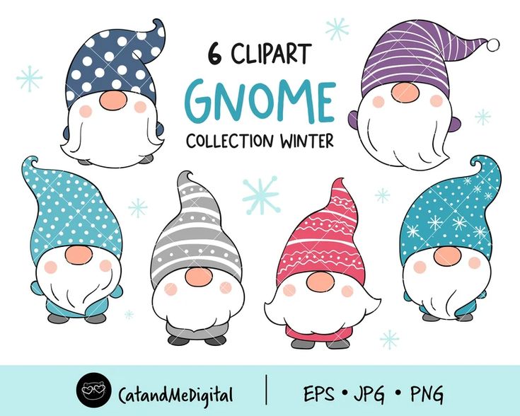 Six cute winter-themed gnome clipart characters with patterned hats and rosy cheeks, in blue, purple, gray, pink, and teal.