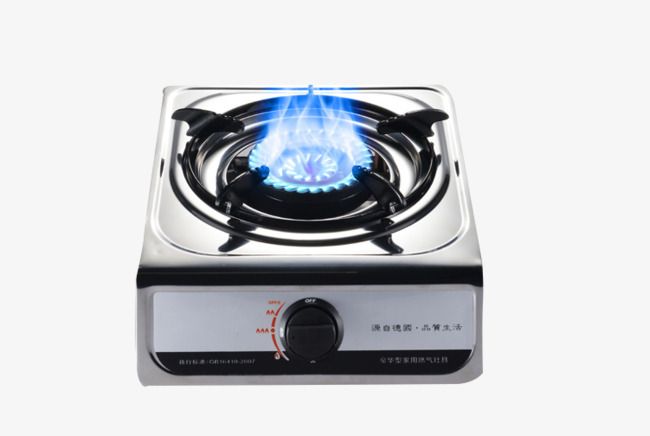 Stainless steel portable gas stove with active blue flame, black control knob, and Chinese branding.