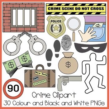 Crime scene clipart set including handcuffs, police badge, magnifying glass, money, gun, footprint, mask, and evidence markers.