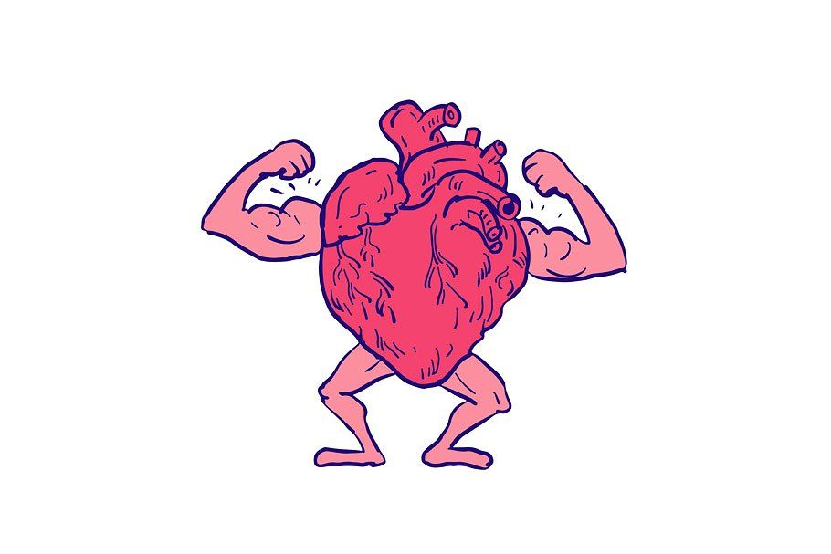 A cartoon-style anthropomorphic human heart with muscular arms and legs, flexing its biceps in a strong, confident pose.