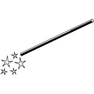 A classic black magic wand with five white stars emanating from its tip, symbolizing enchantment and wonder.