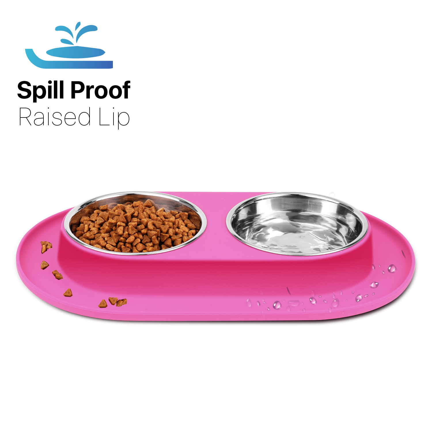 Pink pet feeding mat with two stainless steel bowls-one with dry kibble, one with water-and raised lip to prevent spills.