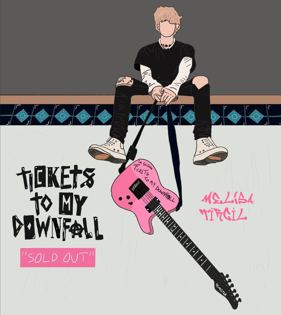 A stylized illustration of a person with blonde hair sitting on a ledge, holding a pink electric guitar labeled "I'm Selling Tickets to My Downfall", with text "Tickets to My Downfall" and "Sold Out" below.